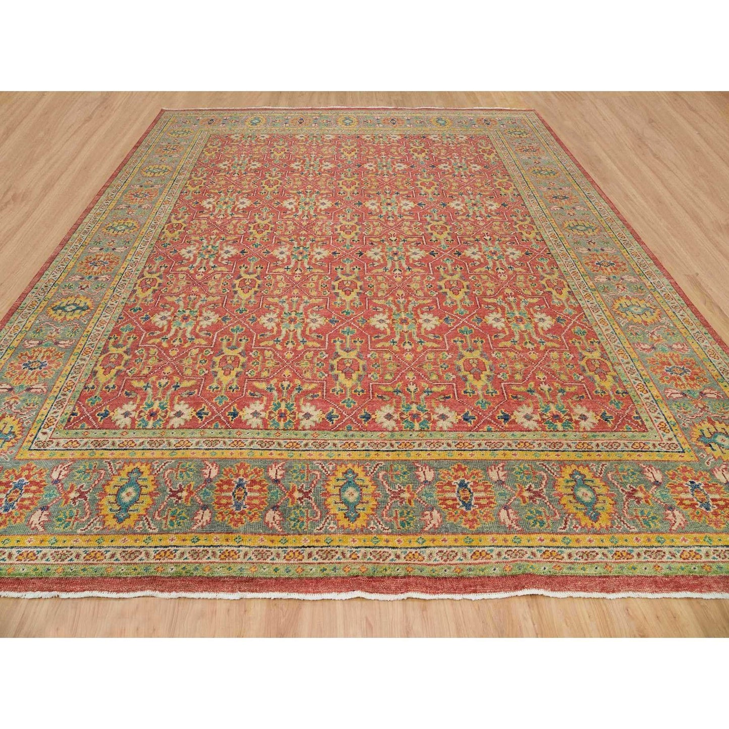 14'X16'5" Red Pure Wool Hand Knotted Antiqued Oushak Design Oversized Rug