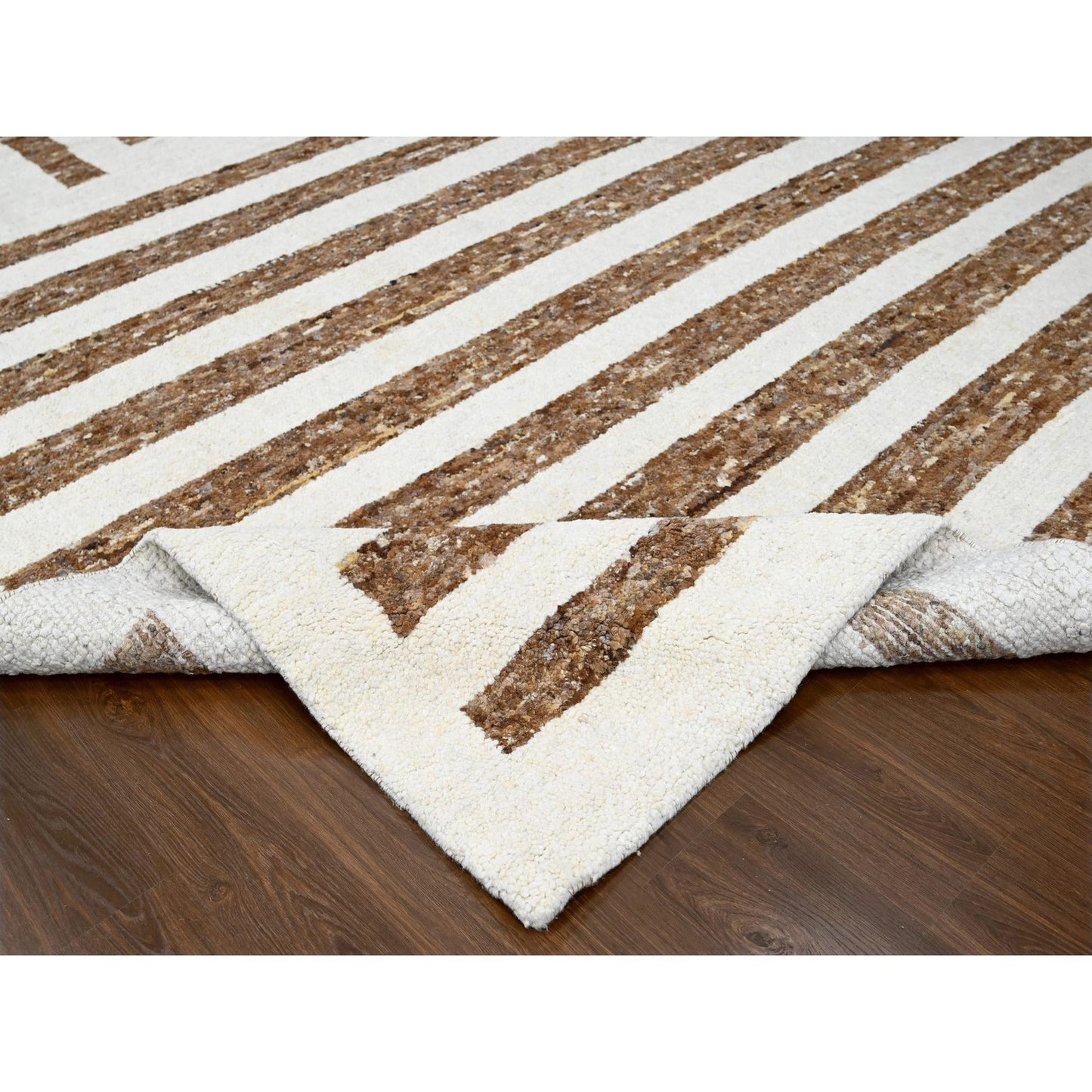 12'1"X17'9" Brown Wool Minimalist Stripe Design Hand Knotted Oriental Rug