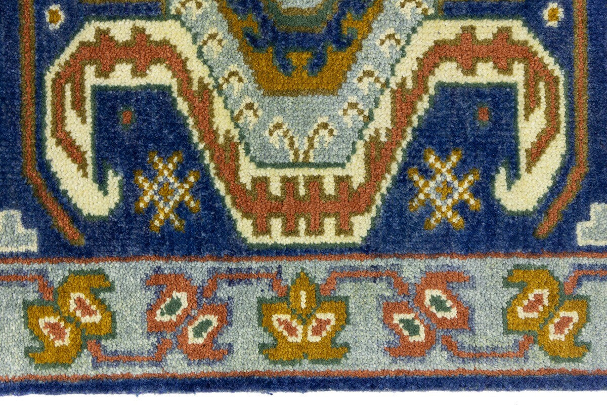 Navy Blue Geometric Tribal Kazak Rug Wool