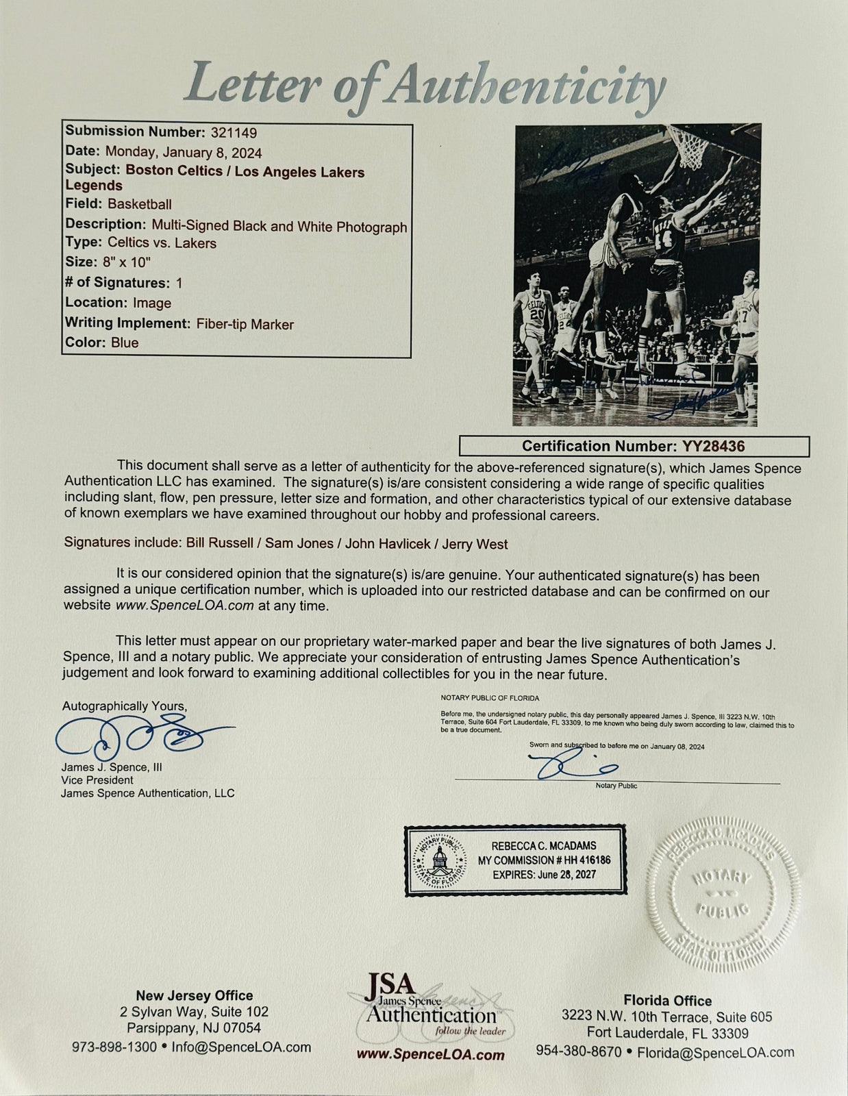 Bill Russell John Havlicek Sam Jones & Jerry West Autographed 8X10 Photo (Jsa)