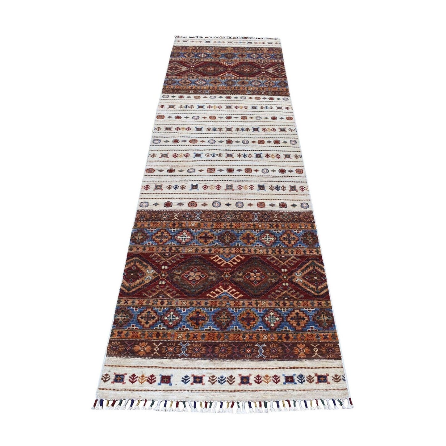 2'7"X9' Ivory Khorjin Design Runner Super Kazak Handknotted Pure Wool Rug