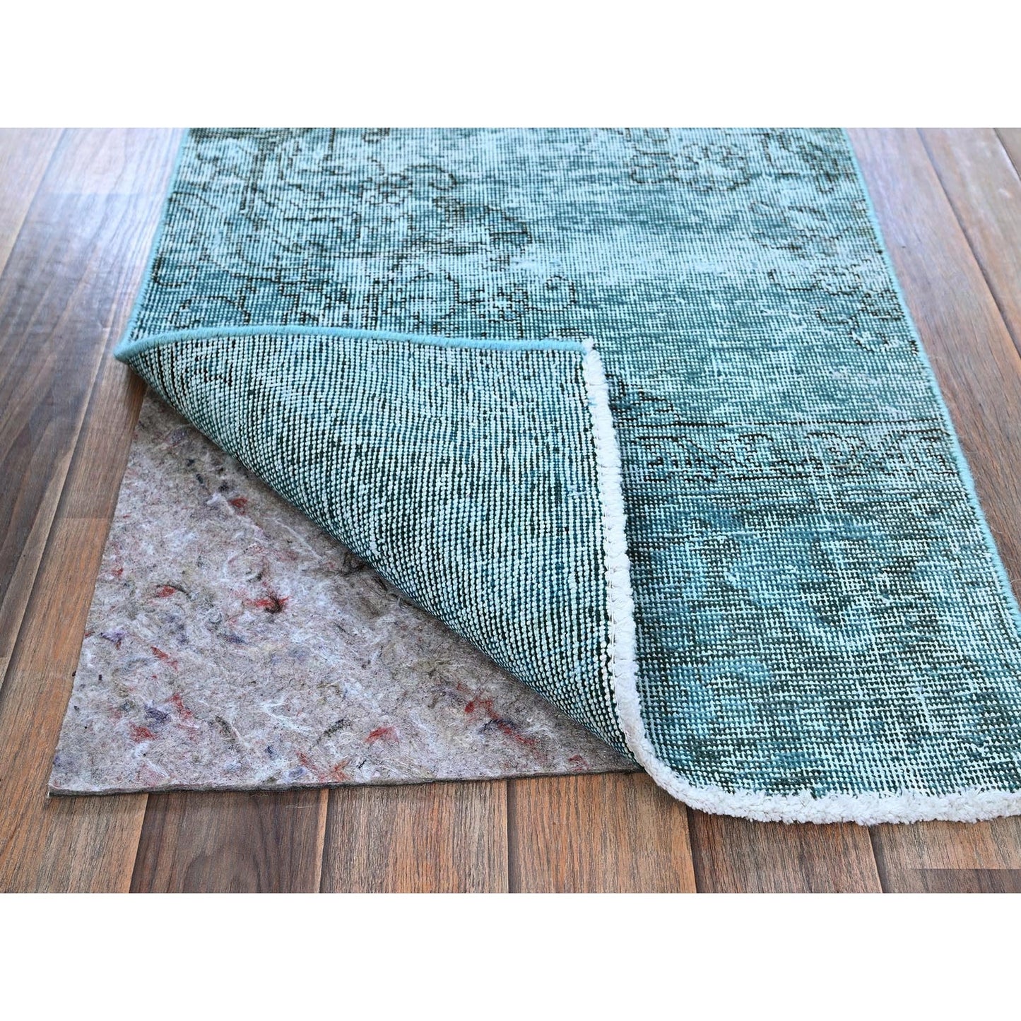 2'X5' Aqua Green Overdyed Vintage Zoroastrian Hand Knotted Wool Runner Rug