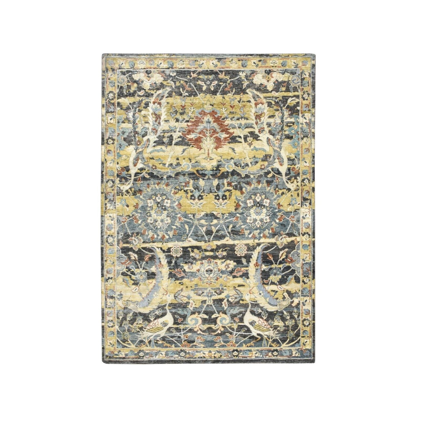 5'1"X7'4" Black With Yellow Zoroastrian Design Pure Wool Hand Knotted Rug