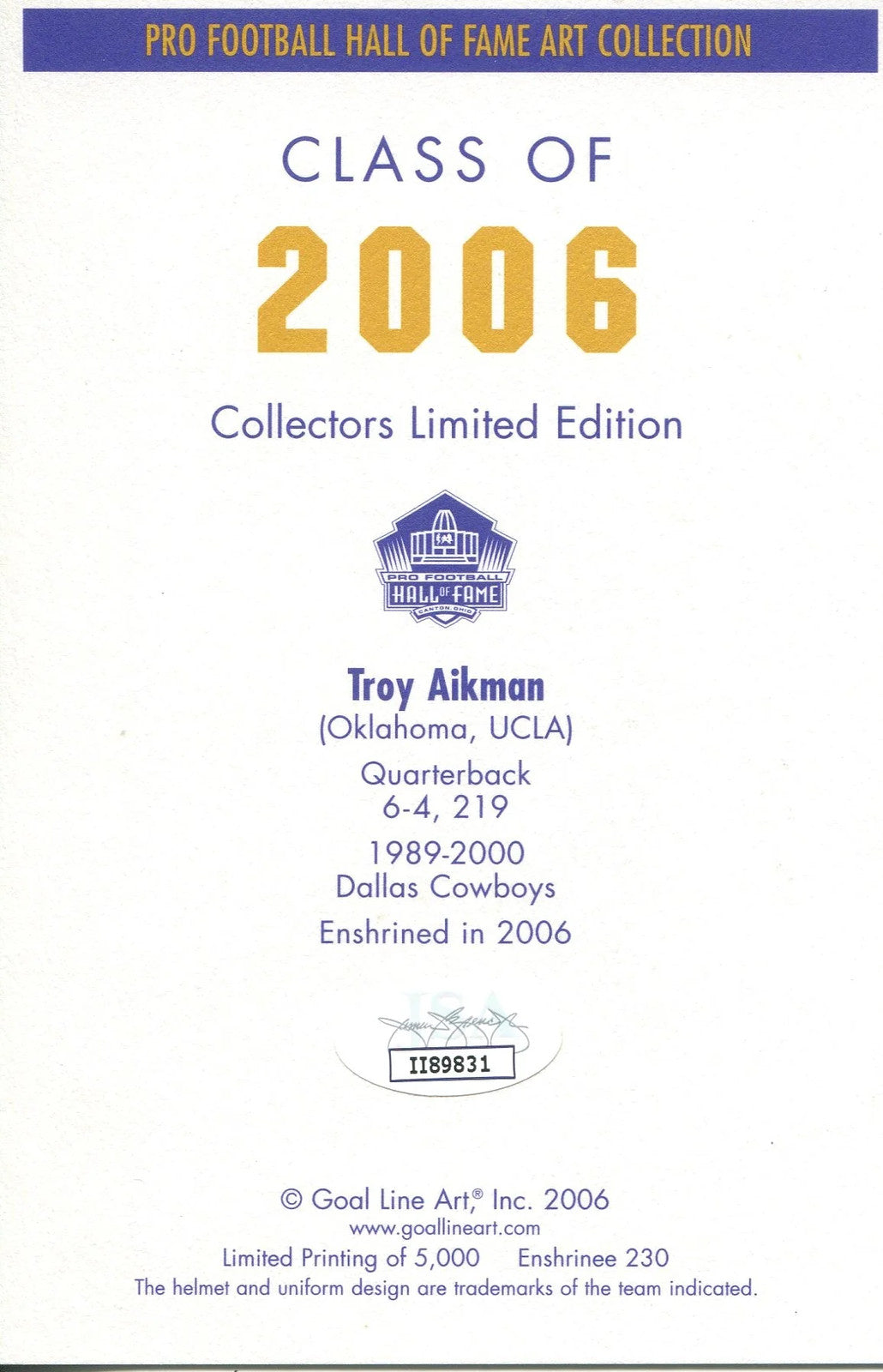 Troy Aikman 1St Day Cover Envelope (Jsa)