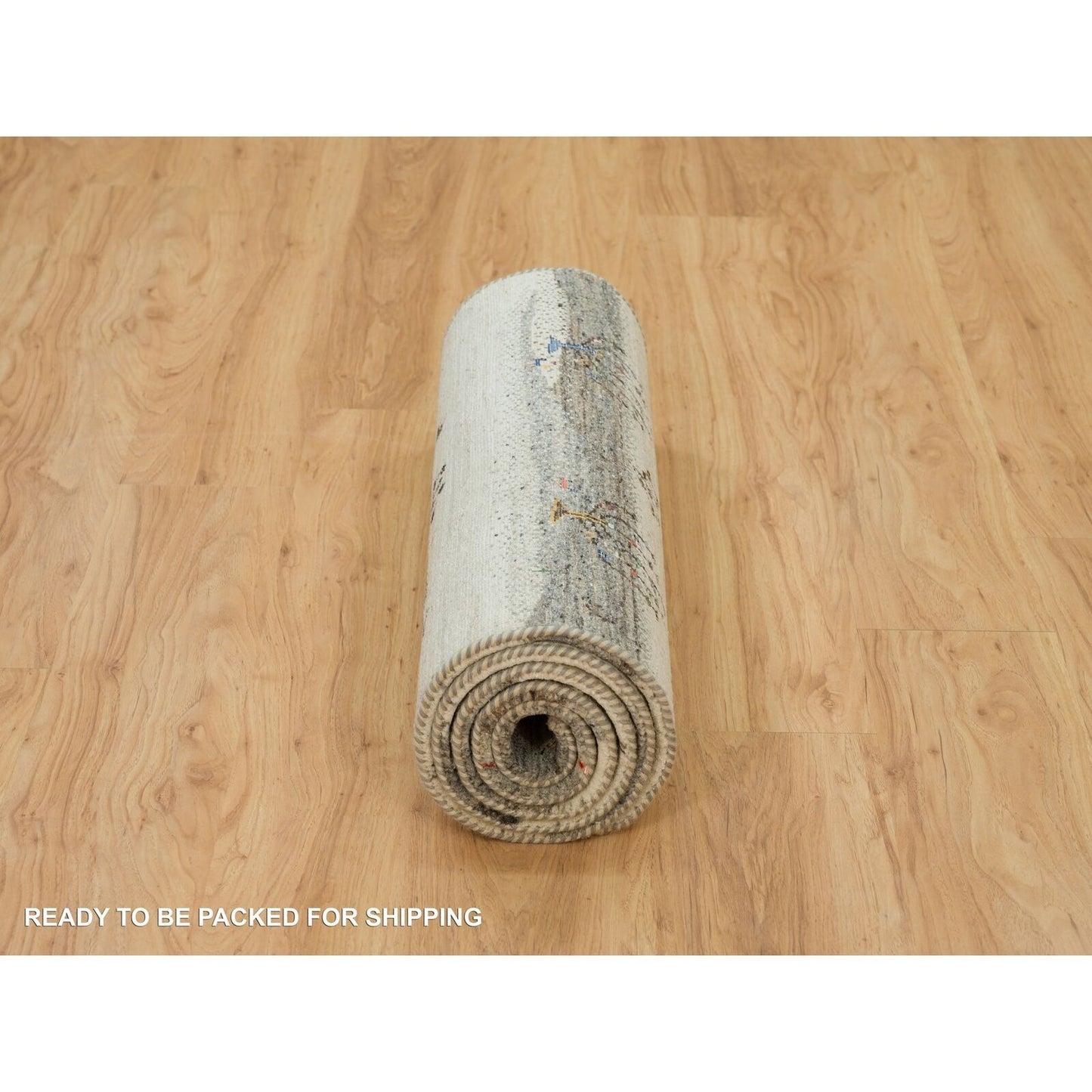 2'7"X8' Linen White Wool Hand Knotted Lori Buft Modern Striae Runner Rug