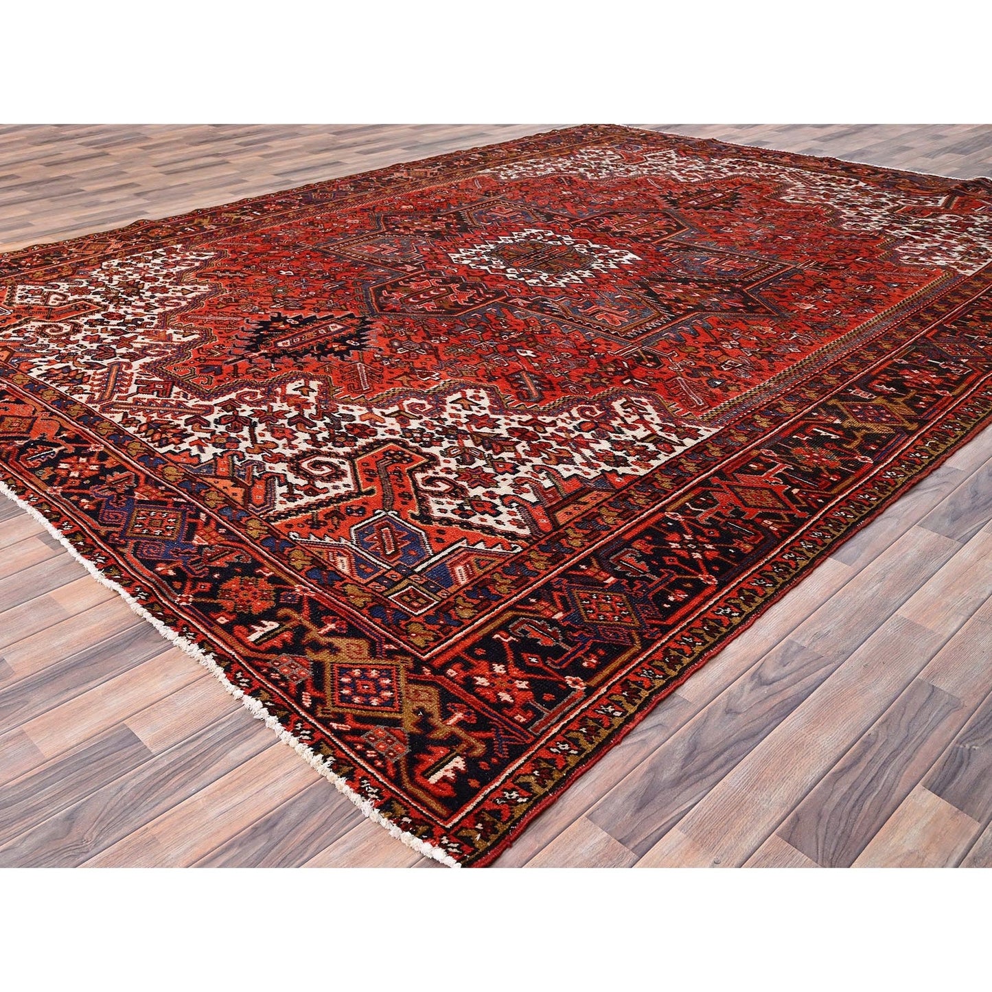 10'X13'2" Red Pure Wool Hand Knotted Semi Antique Zoroastrian Heris Rug