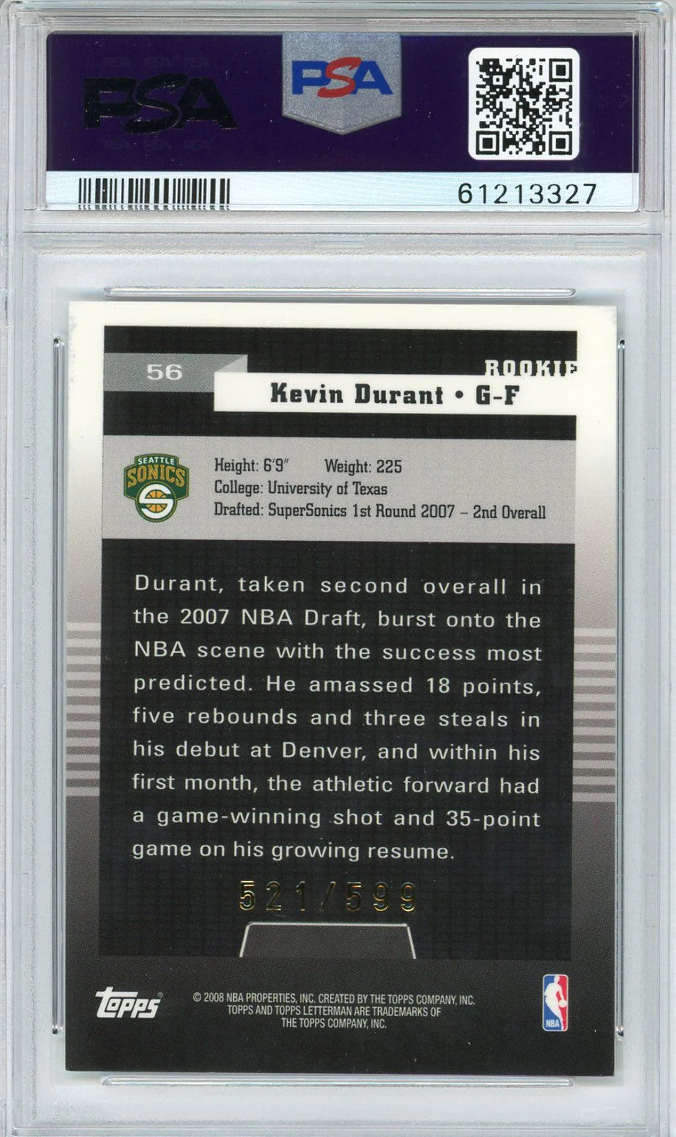 Kevin Durant 2007 Topps Letterman Card #56 (Psa Nm 7)