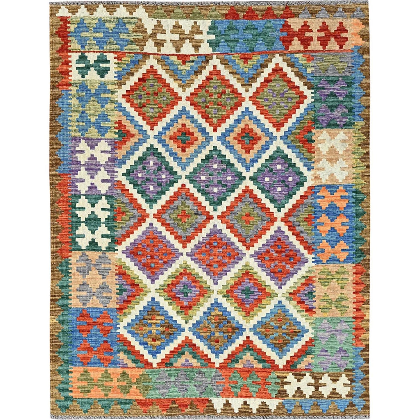5'X6'7" Ivory Afghan Kilim Geometric Pure Wool Flat Weave Hand Woven Rug
