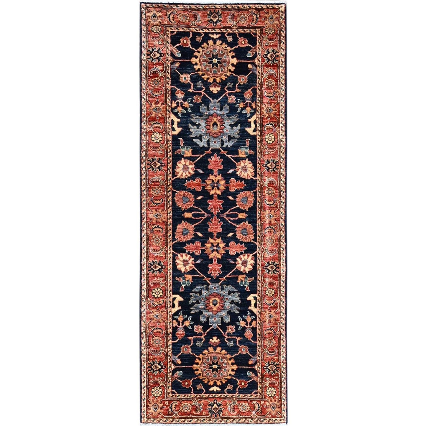 2'6"X7'9" Yale Blue Heris All Over Design Hand Knotted All Wool Runner Rug