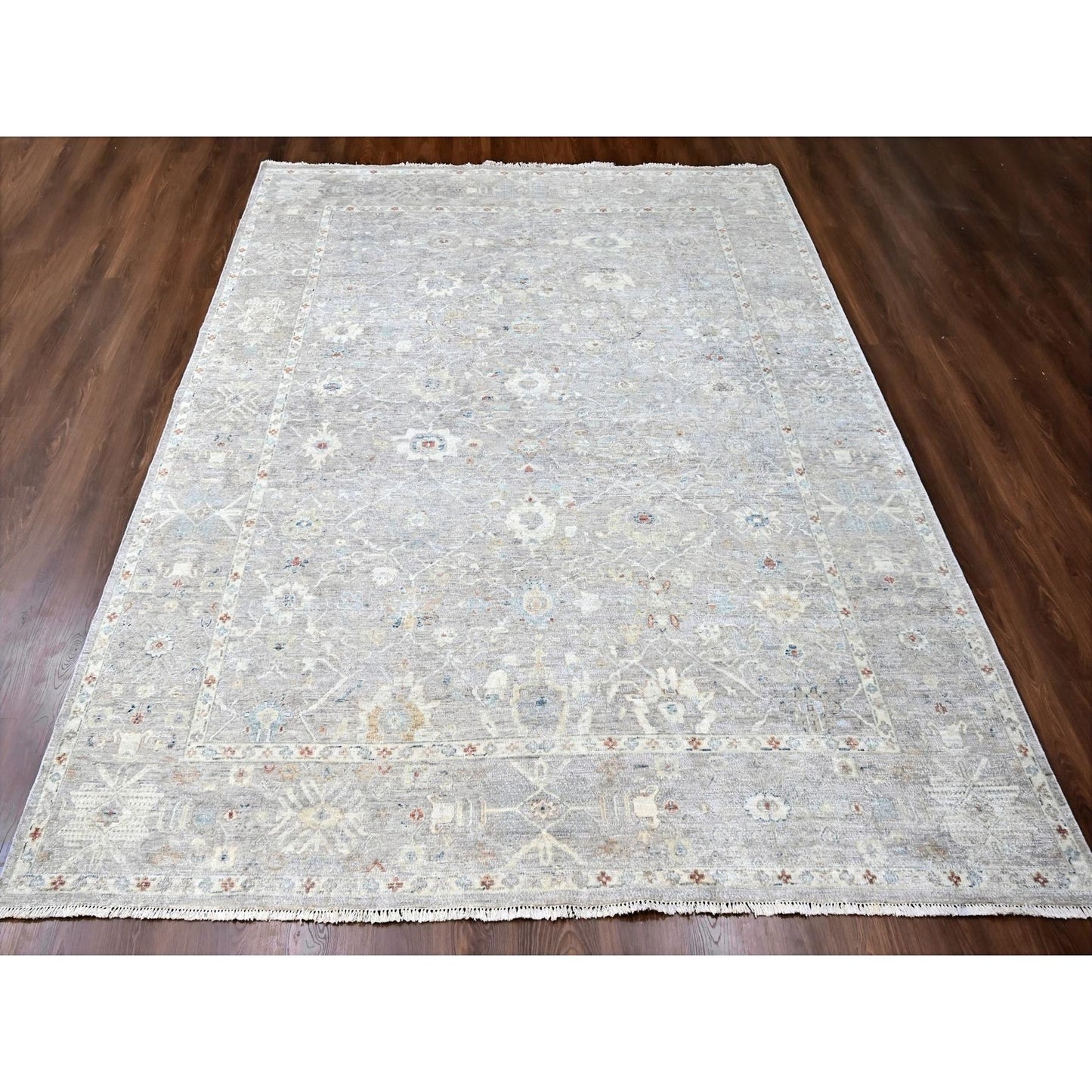 9'X11'9" Gray Antiqued Tebraz Design Zero Pile 100% Wool Hand Knotted Rug