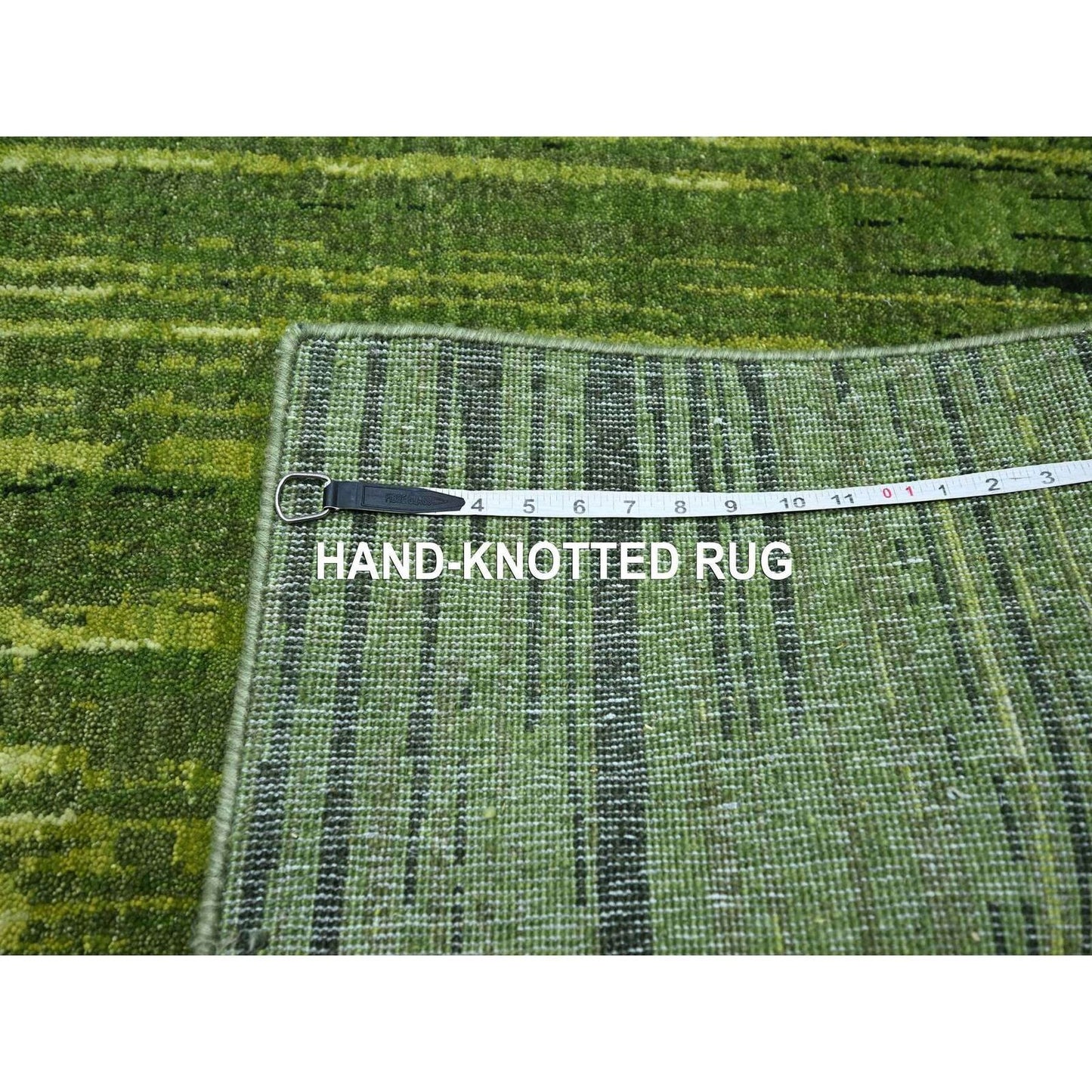 8'2"X10'3" Pickle Green Vertical Ombre Design Hand Knotted Soft Wool Rug