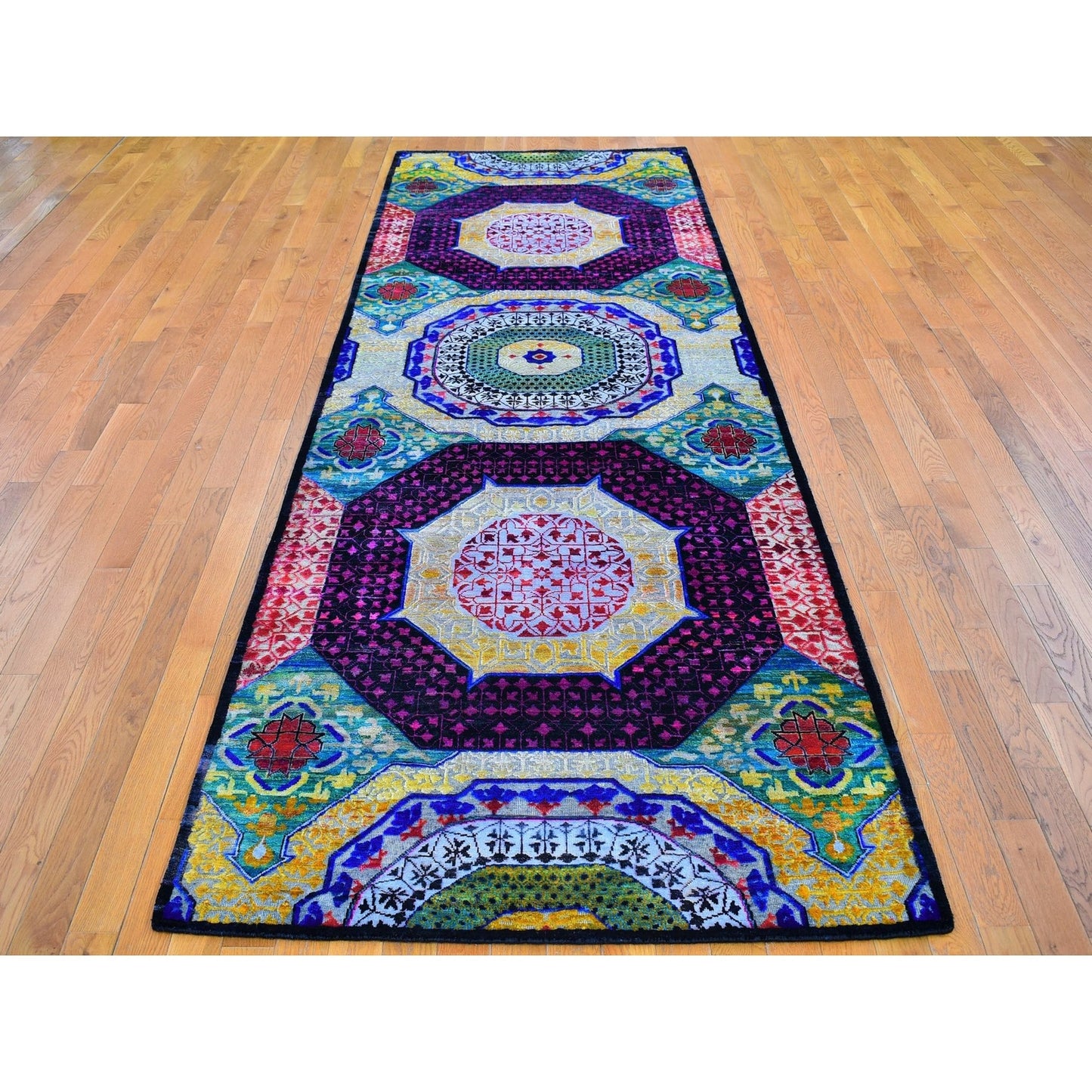 4'1"X12'3" Sari Silk With Textured Wool Mamluk Design Handmade Runner Rug