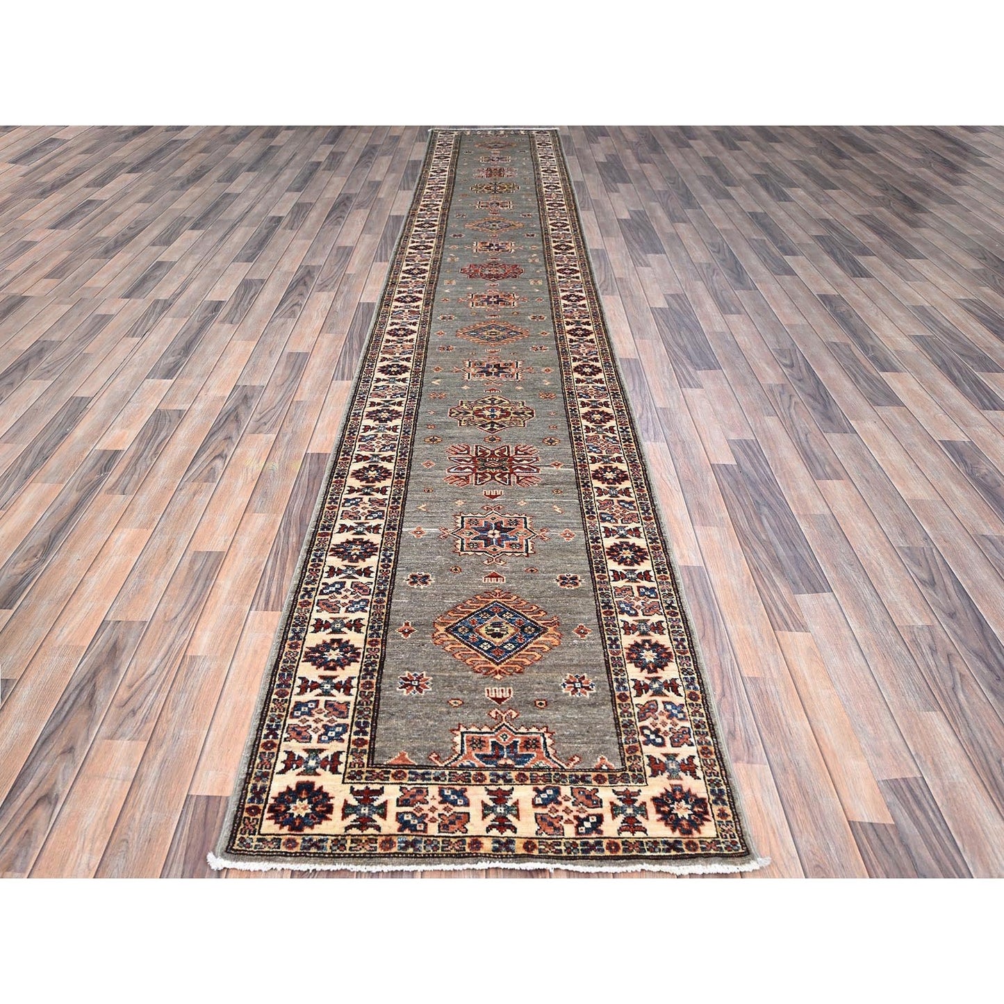 2'8"X15'5" Gray Afghan Super Kazak 100% Wool Oversized Oriental Runner Rug