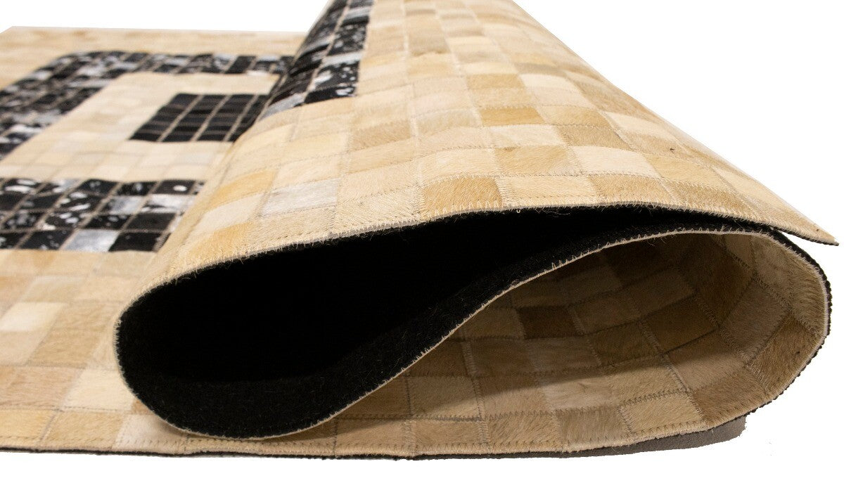 Hand-Stitched Black Beige Cowhide Leather Rug 4X6