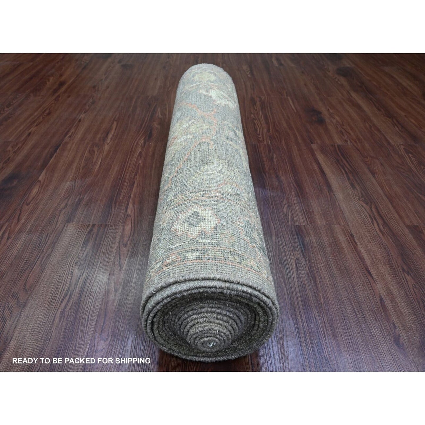 3'2"X23'7" Brown Hand Knotted Angora Oushak Leaf Design Wool Runner Rug