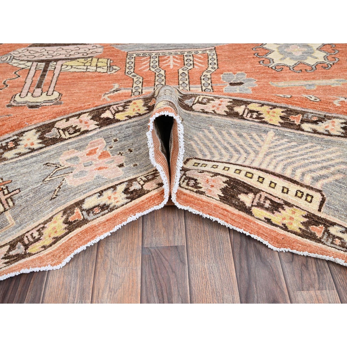 12'1"X14'6" Orange Khotan And Samarkand Design Hand Knotted Soft Wool Rug