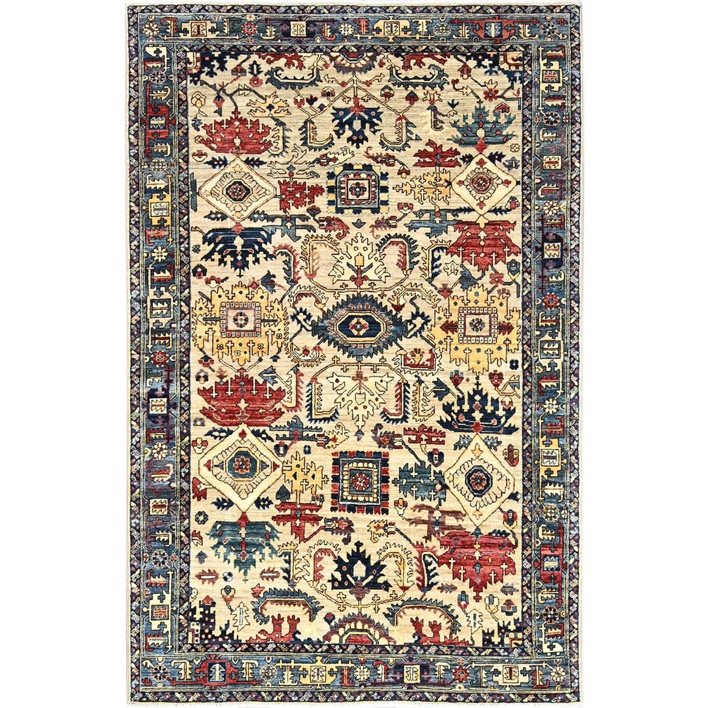 5'3"X8'6" Ivory Zoroastrian With Serrated Gul Motif Wool Hand Knotted Rug