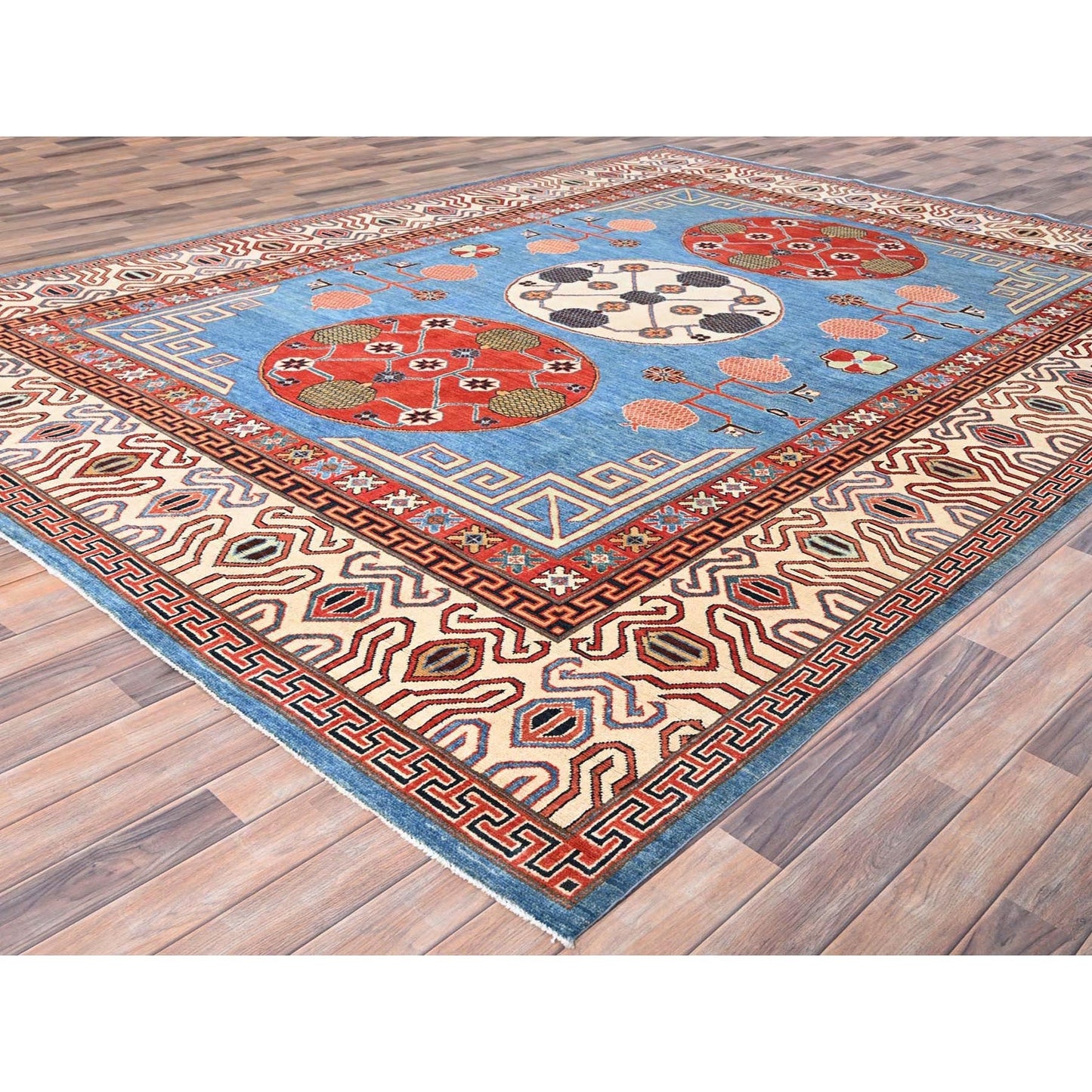 9'1"X11'9" Blue Khotan Design Hand Knotted Soft Wool Oriental Rug