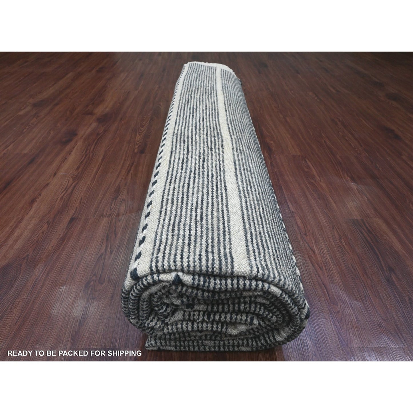 10'4"X14'2" Black Moroccan Weave Line Design Soft Wool Hand Knotted Rug