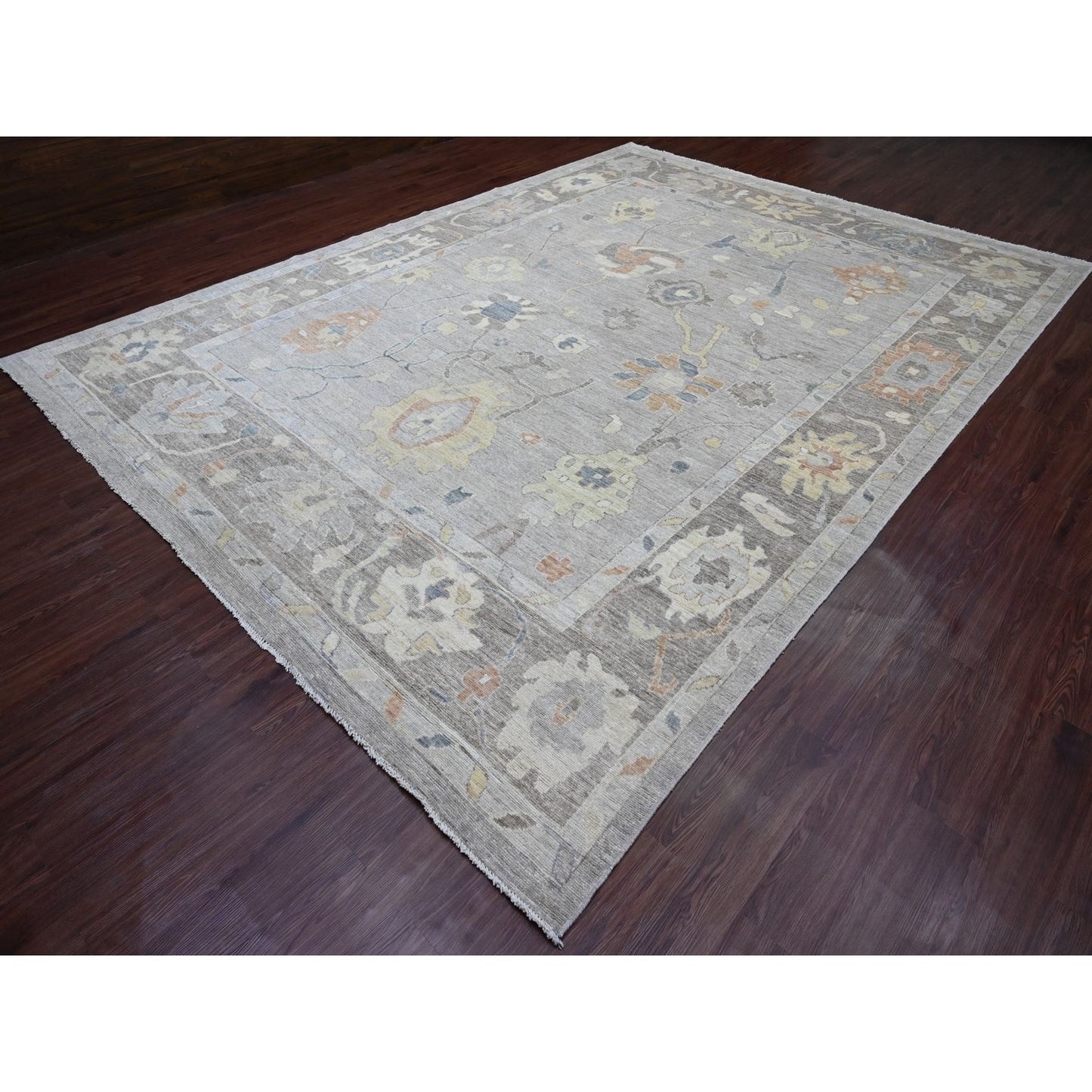 10'X13'8" Medium Gray Hand Knotted Angora Oushak Pure Wool Oriental Rug