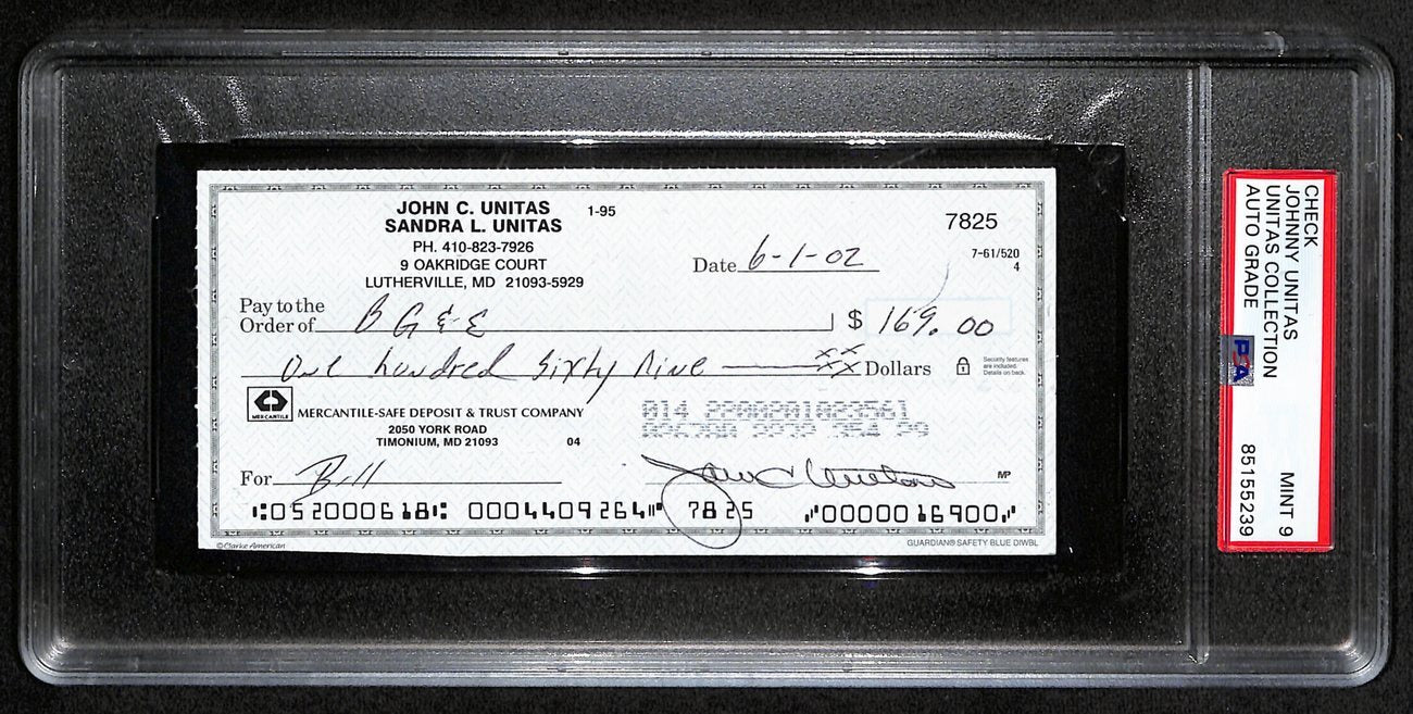 Johnny Unitas Signed 6/1/02 Check Psa/Dna Mint 9