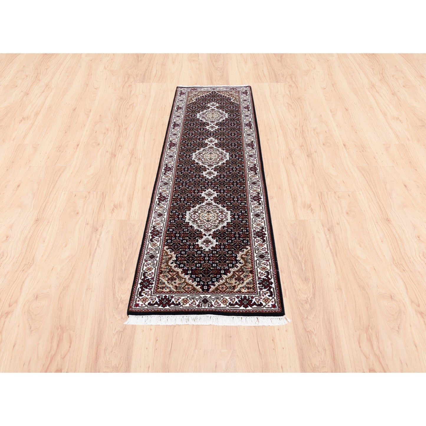 2'1"X8' Black Tebraz Mahi Fish Design Hand Knotted Wool-Silk Runner Rug
