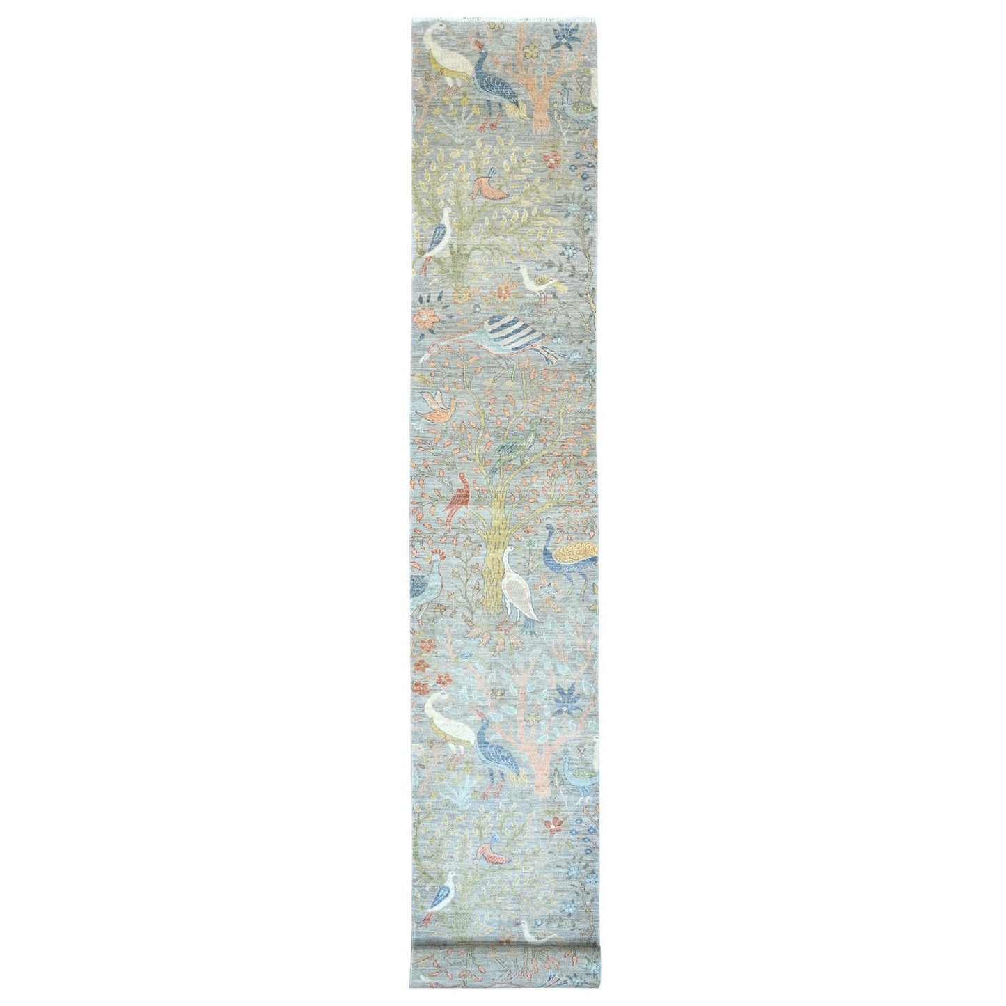 2'6"X20'2" Gray Afghan Peshawar Birds Design Hand Knotted Wool Runner Rug