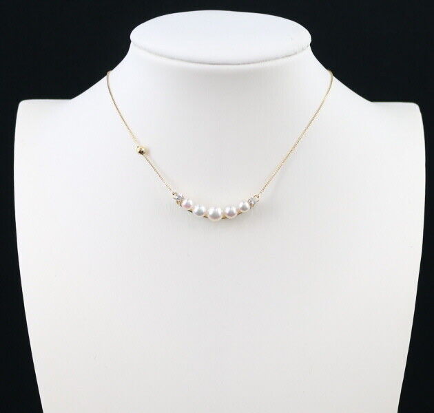 Akoya Pearl 4.0 - 5.2Mm Diamond 0.10Ct Necklace Cut Ball Bead 18K Yg