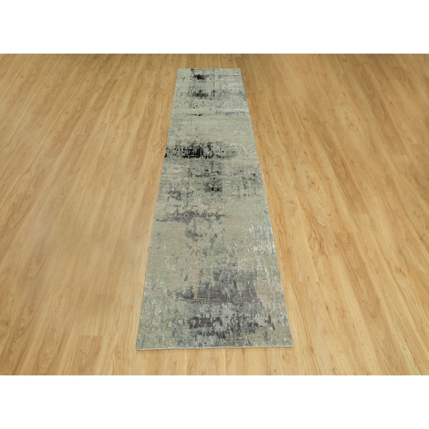 2'9"X12' Silver Blue Wool & Silk Modern Abstract Design Runner Rug