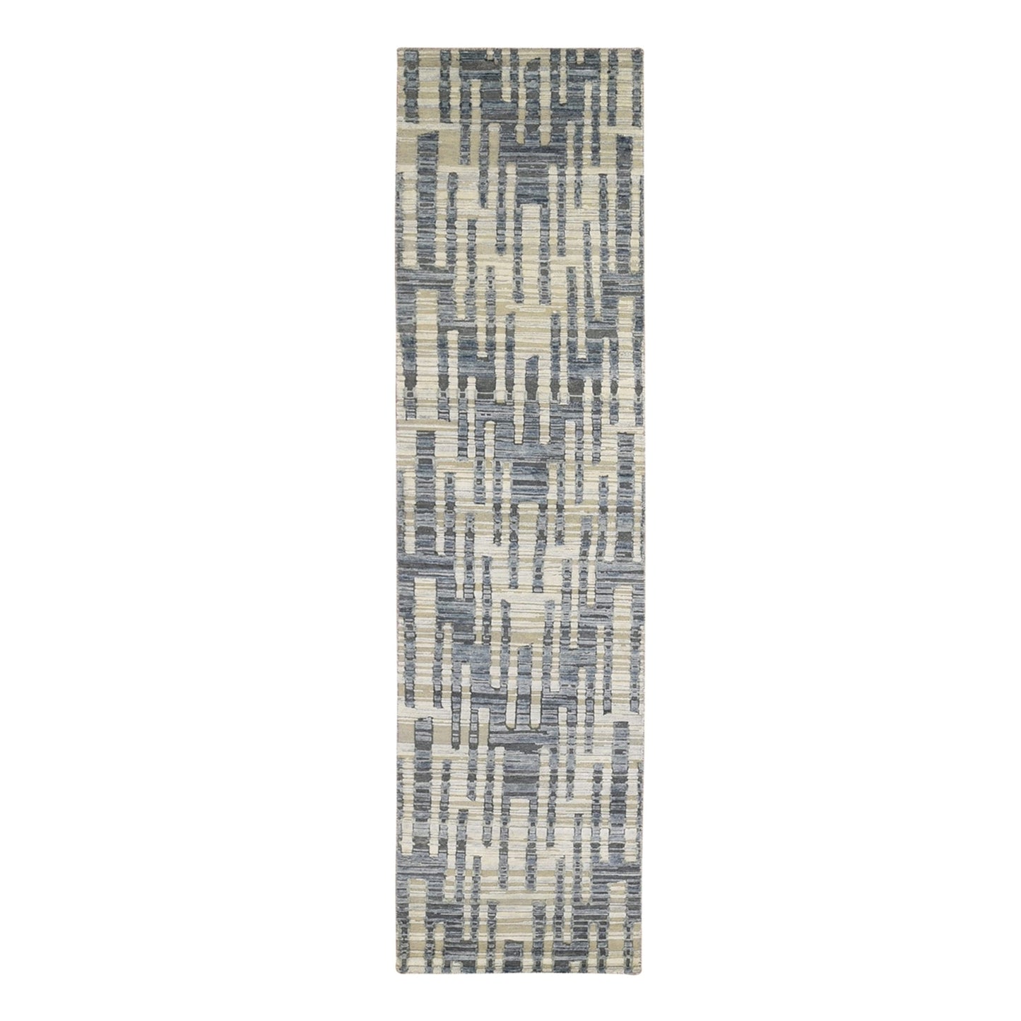 2'6"X10'3" Blue Pure Silk And Textured Wool Wide Runner Hand Knotted Rug