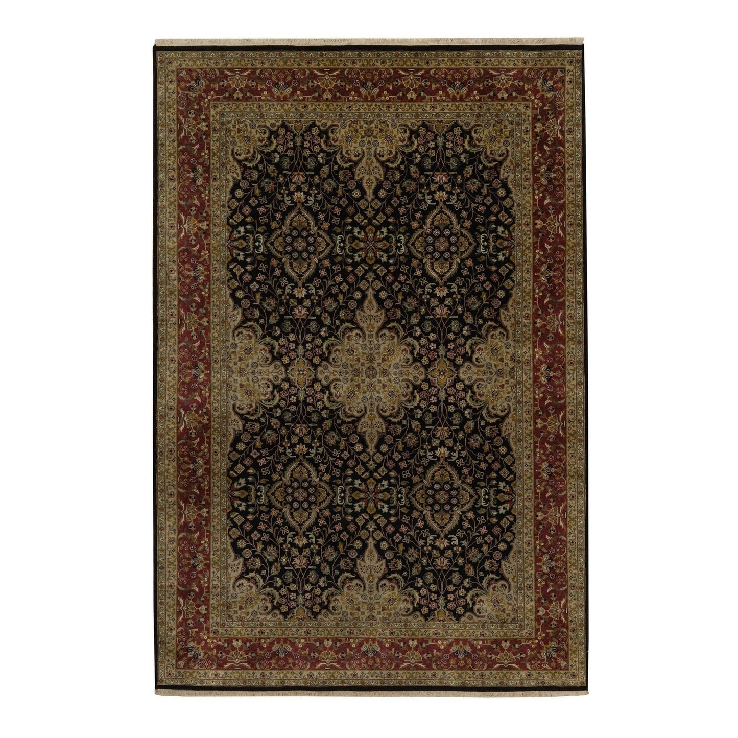 6'X9'1" Black Kishoon Revival New Zealand Wool Hand Knotted Oriental Rug