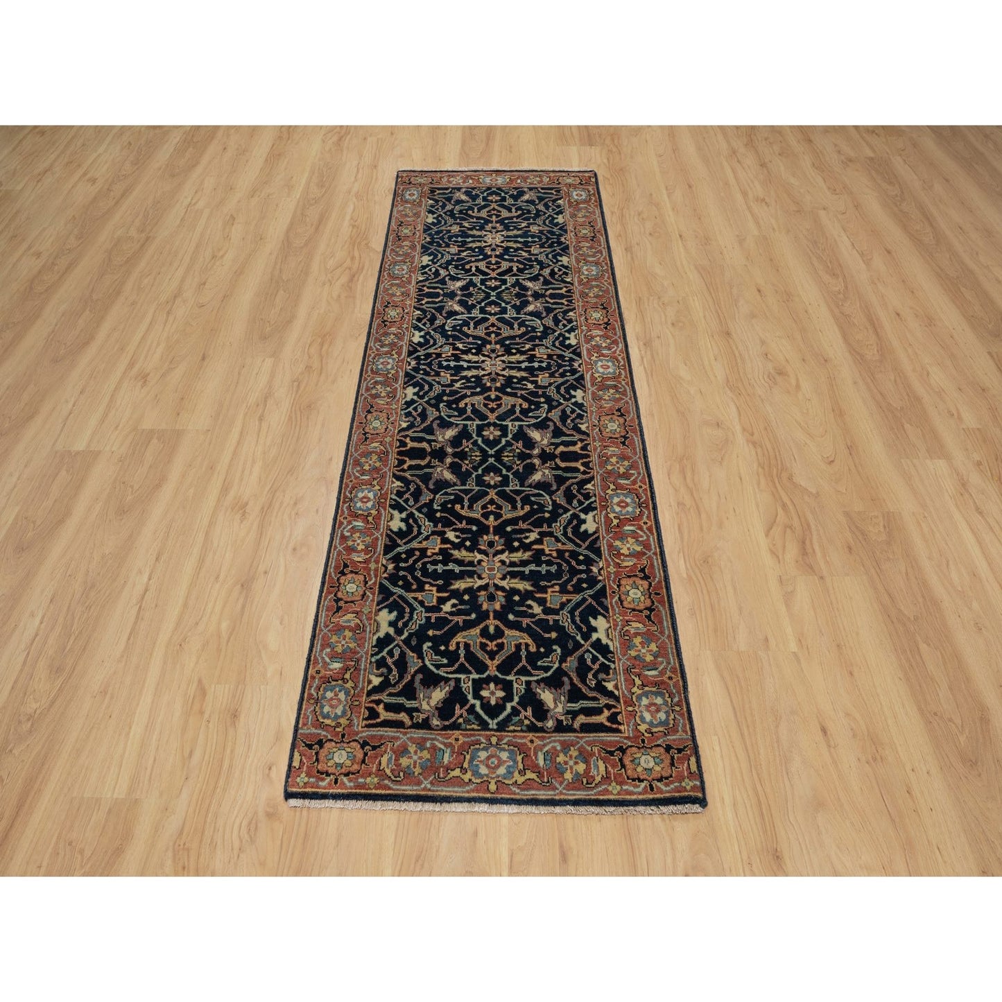 2'6"X8'1" Polo Blue All Wool Antiqued Fine Heris Hand Knotted Runner Rug
