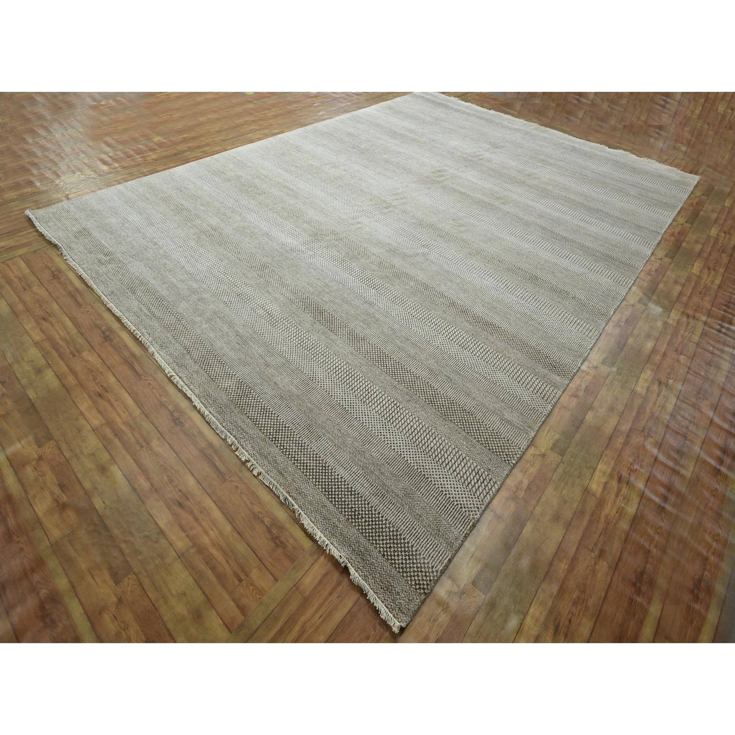 10'X14' Brown Modern Grass Design Wool And Silk Hand Knotted Oriental Rug