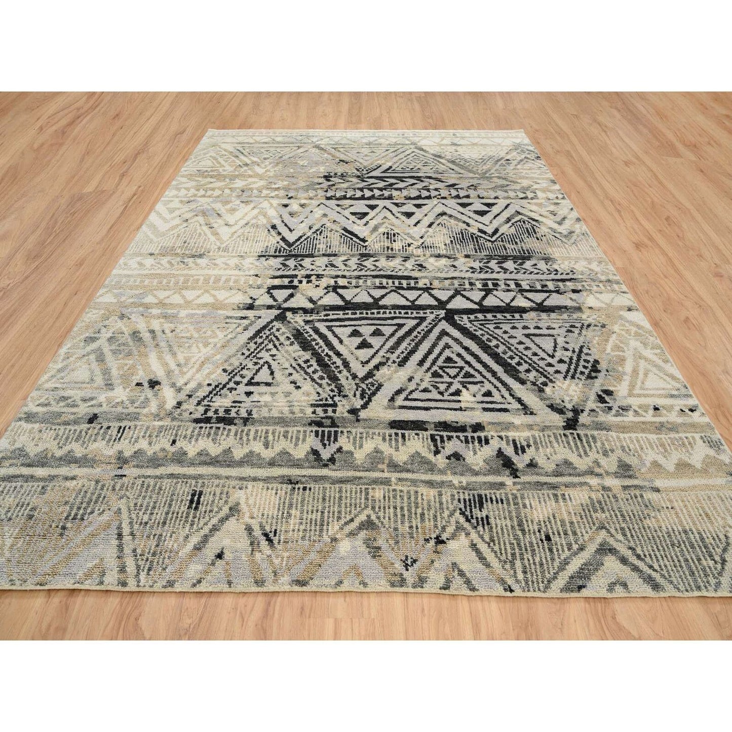 9'1"X12' Gray Erased Ethnic Geometric Design Wool Hand Knotted Rug