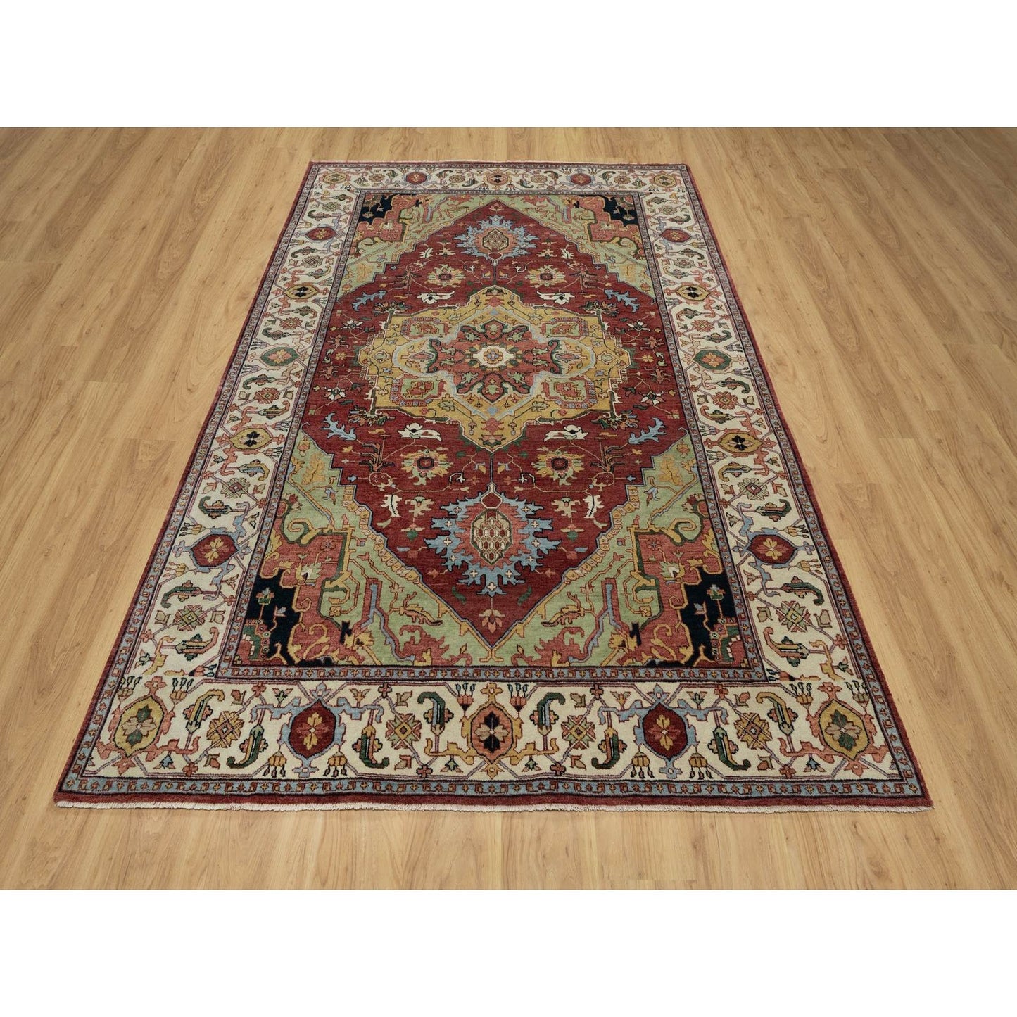 6'1"X9'2" Red Antiqued Fine Heris Re-Creation Hand Knotted 100% Wool Rug