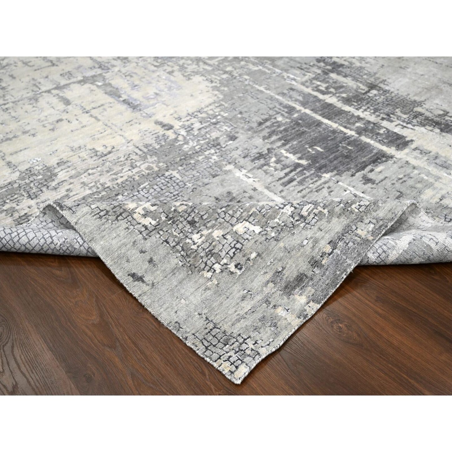 12'X12' Gray Abstract Design Wool And Silk Hand Knotted Square Rug