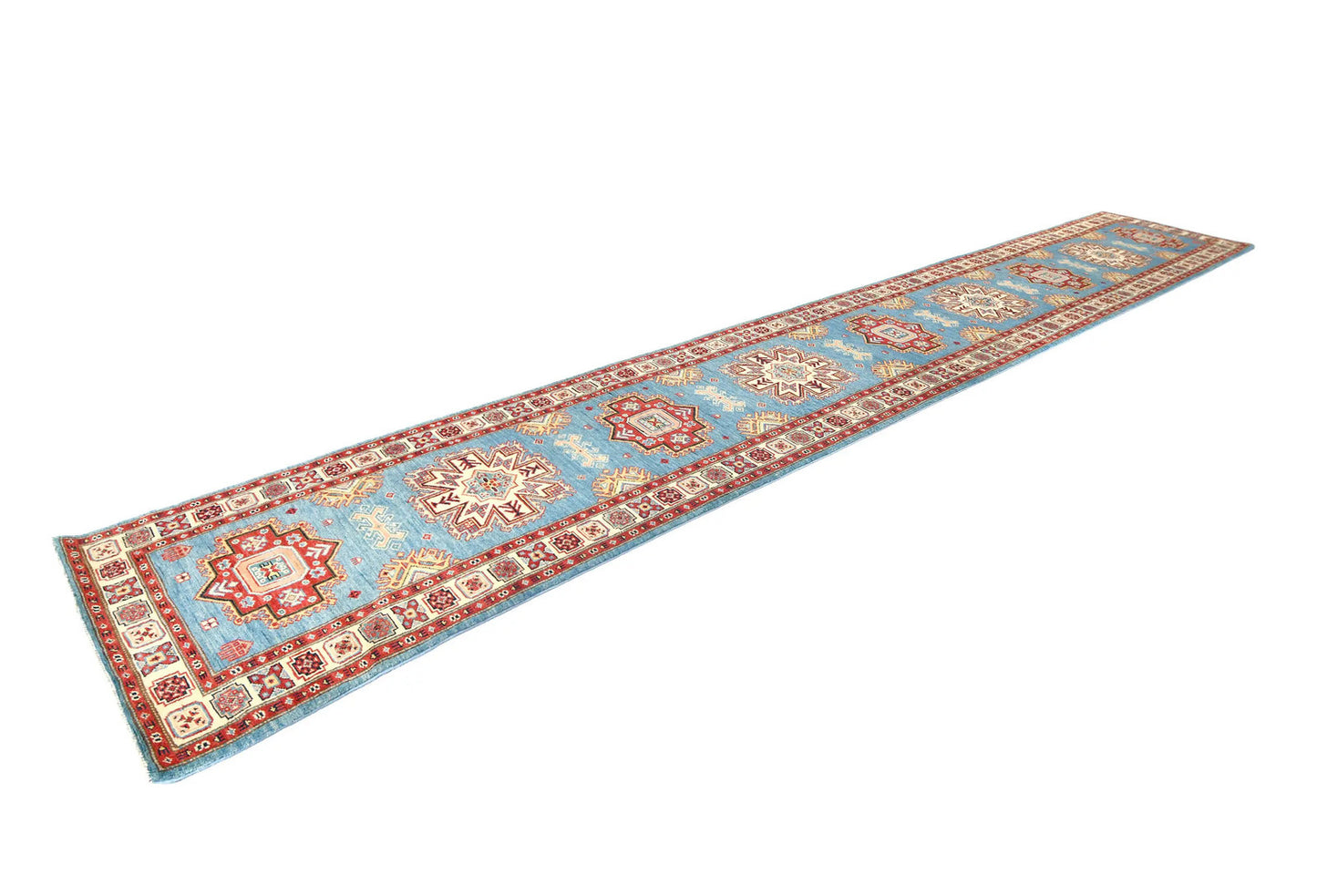 Tribal Geometric Kazak Runner Rug Blue Farmho