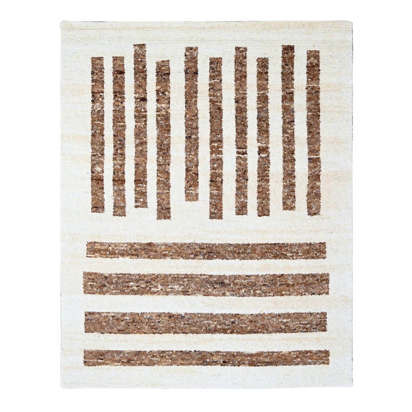 8'2"X9'10"Brown Wool Minimalist Stripe Design Hand Knotted Oriental Rug