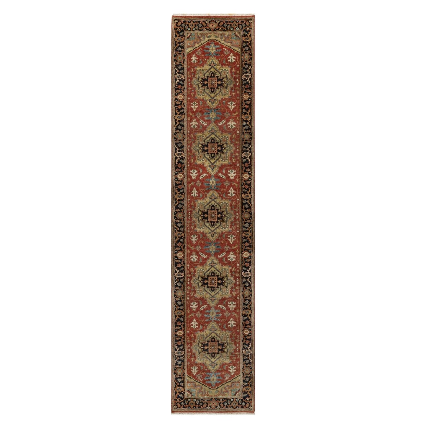2'6"X12'2" Red Hand Knotted Antiqued Heris Revival Pure Wool Runner Rug