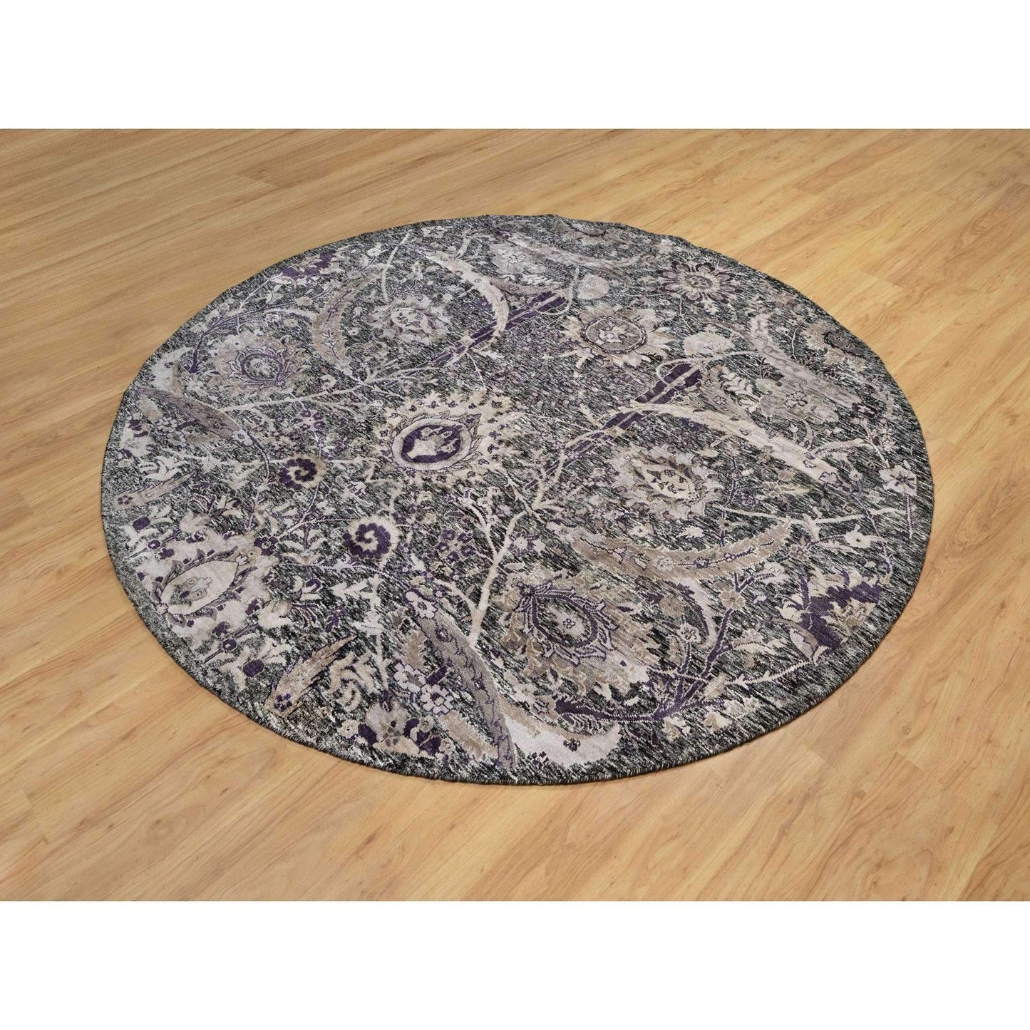 8'X8' Brown Hand Knotted Wool And Silk Sickle Leaf Round Oriental Rug