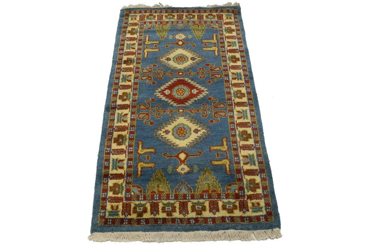 Kazak Oriental Rug Blue Geometric Tribal Style