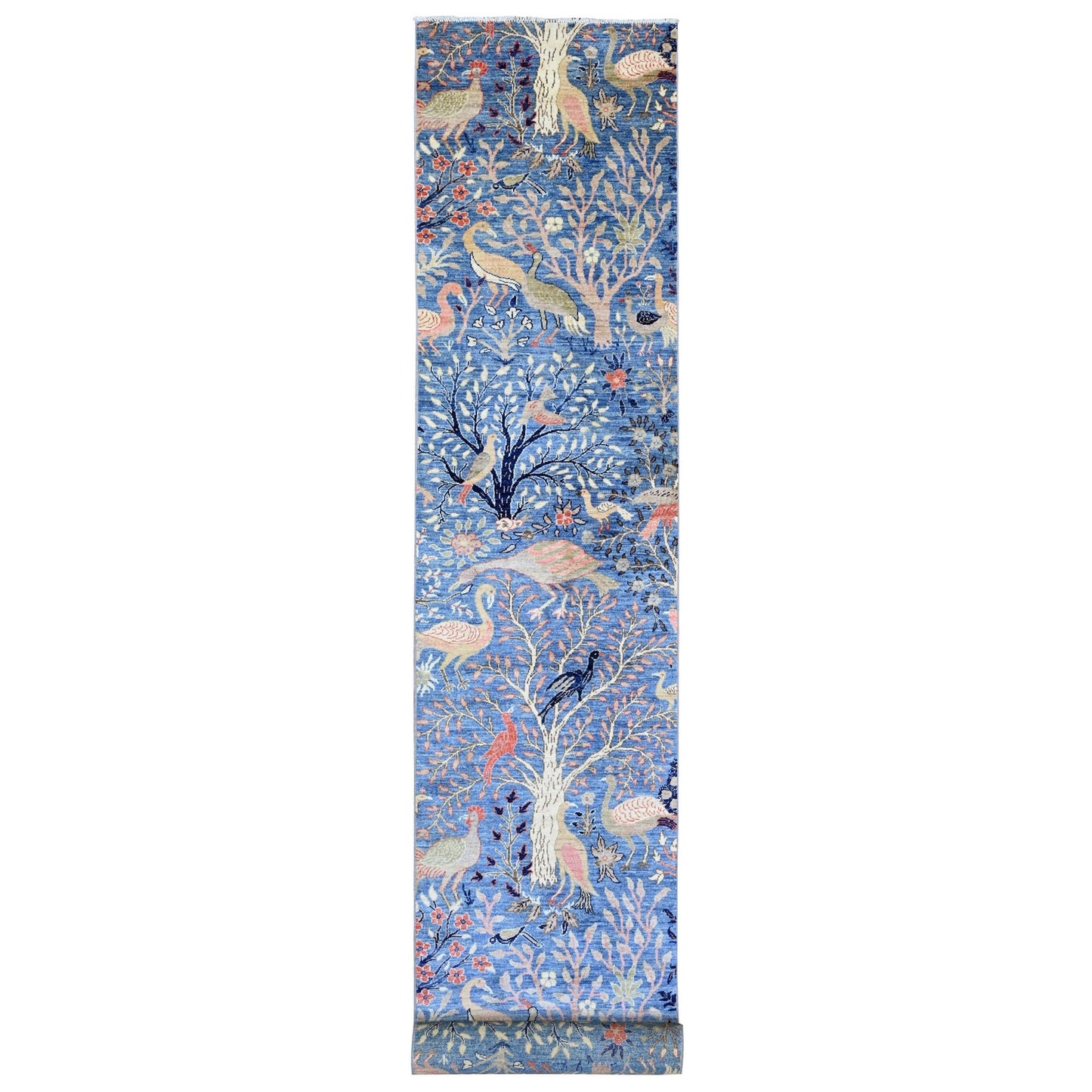 3'X21'3" Blue Afghan Peshawar Birds Design Hand Knotted Wool Runner Rug