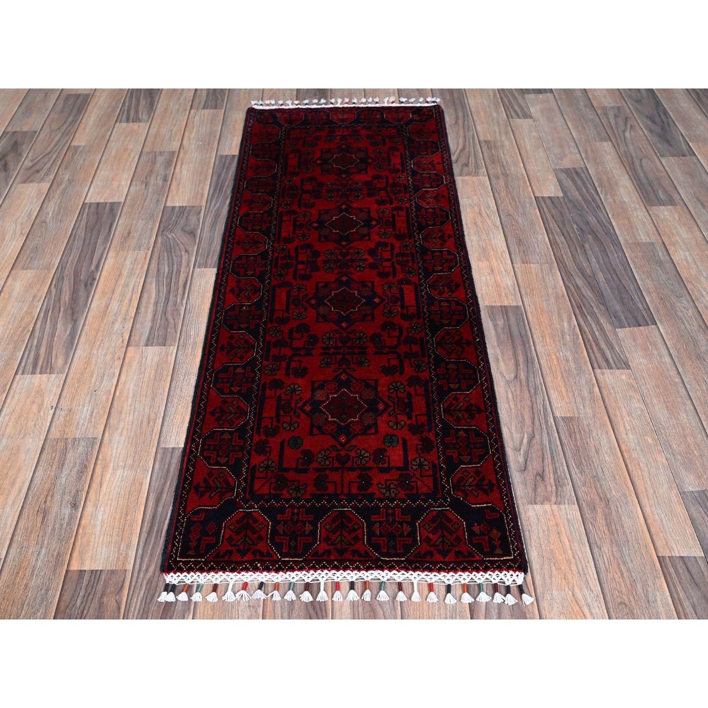 1'9"X4'10" Red, Afghan Khamyab Tribal Design Wool Hand Knotted Runner Rug