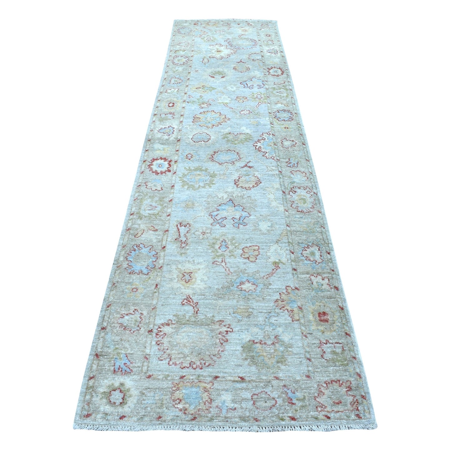 2'10"X11'8" Hand Knotted Gray Angora Oushak With Floral Motifs Wool Rug