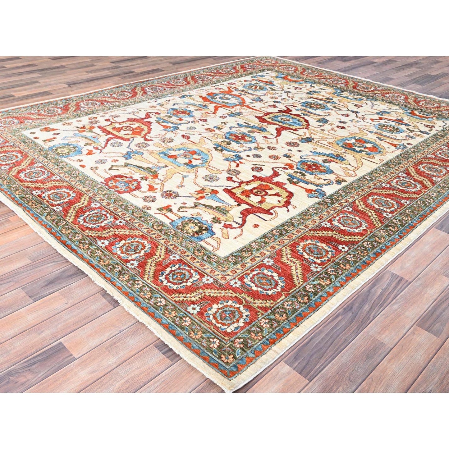 8'1"X9'9" White Wool 200 Kpsi Heris Design Hand Knotted Oriental Rug