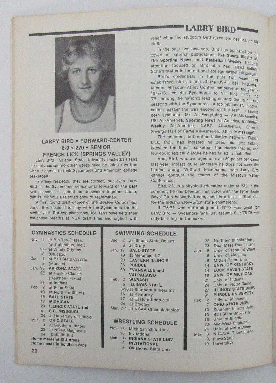 Larry Bird Hof Signed 1978 College Basketball Program Indiana State Jsa 189248