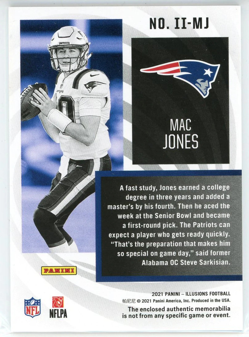 #II-MJ Mac Jones 2021 Panini Illusions Instant Impact Rookie Patch Card