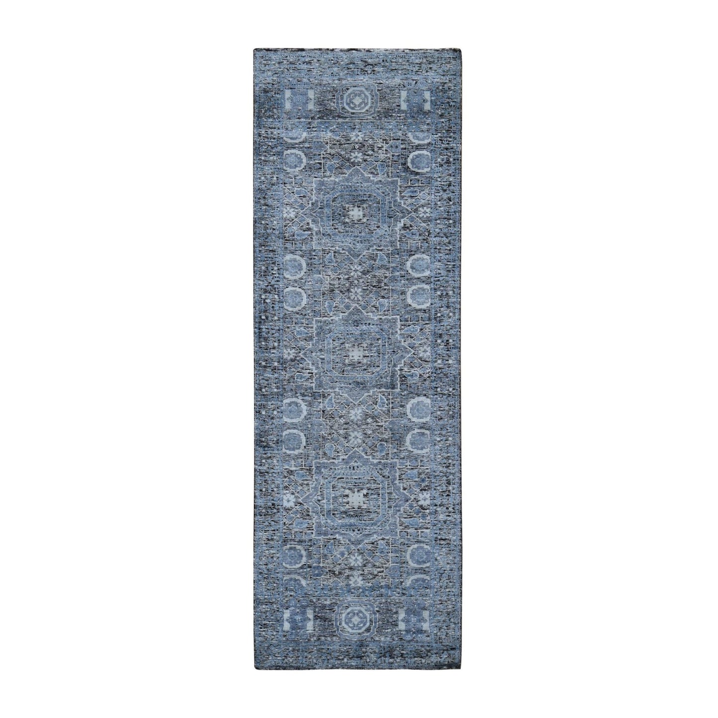 2'7"X8'1" Silk With Textured Wool Hi-Low Pile Mamluk Design Runner Rug