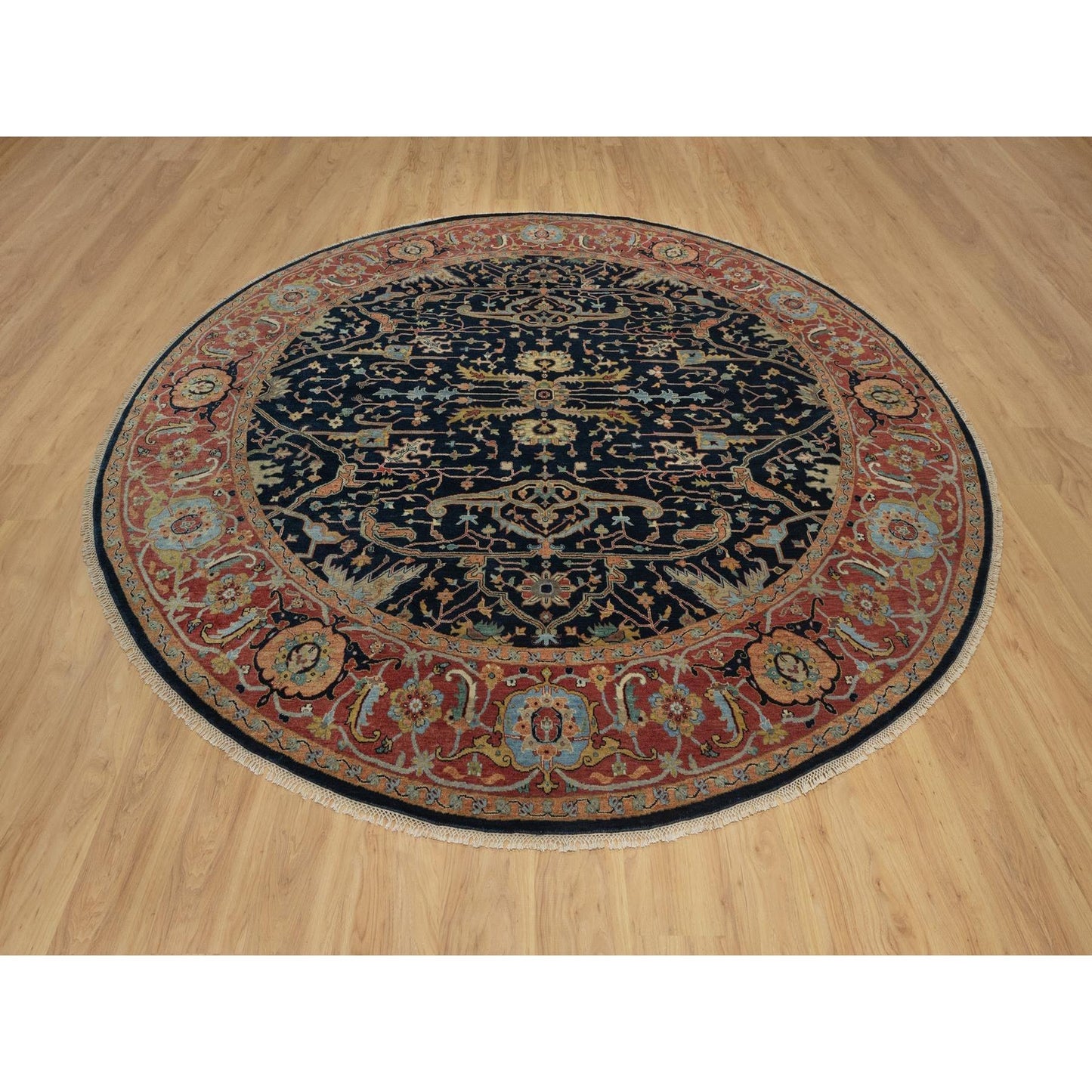 10'1"X10'1" Navy Antiqued Heris Re-Creation Hand Knotted Wool Round Rug