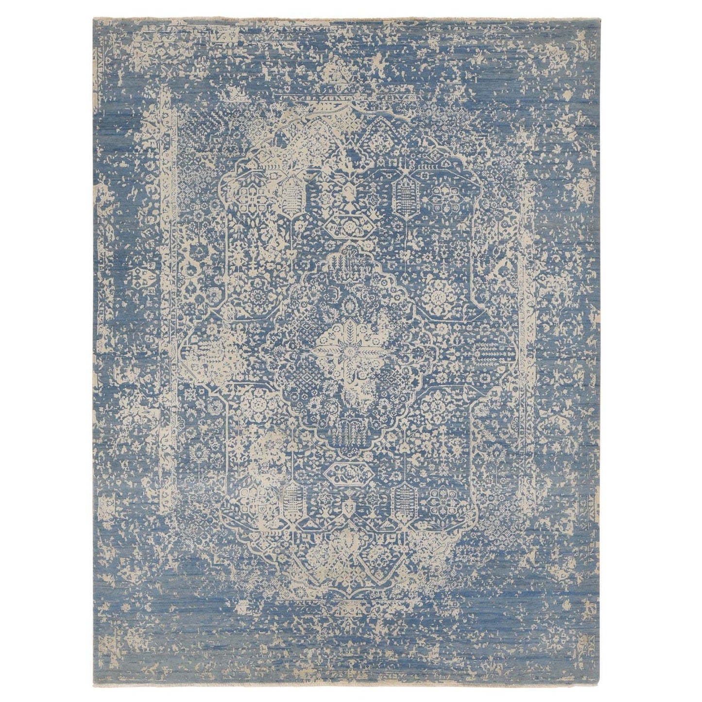 9'2"X12'1" Blue Broken Zoroastrian Design Wool And Silk Hand Knotted Rug